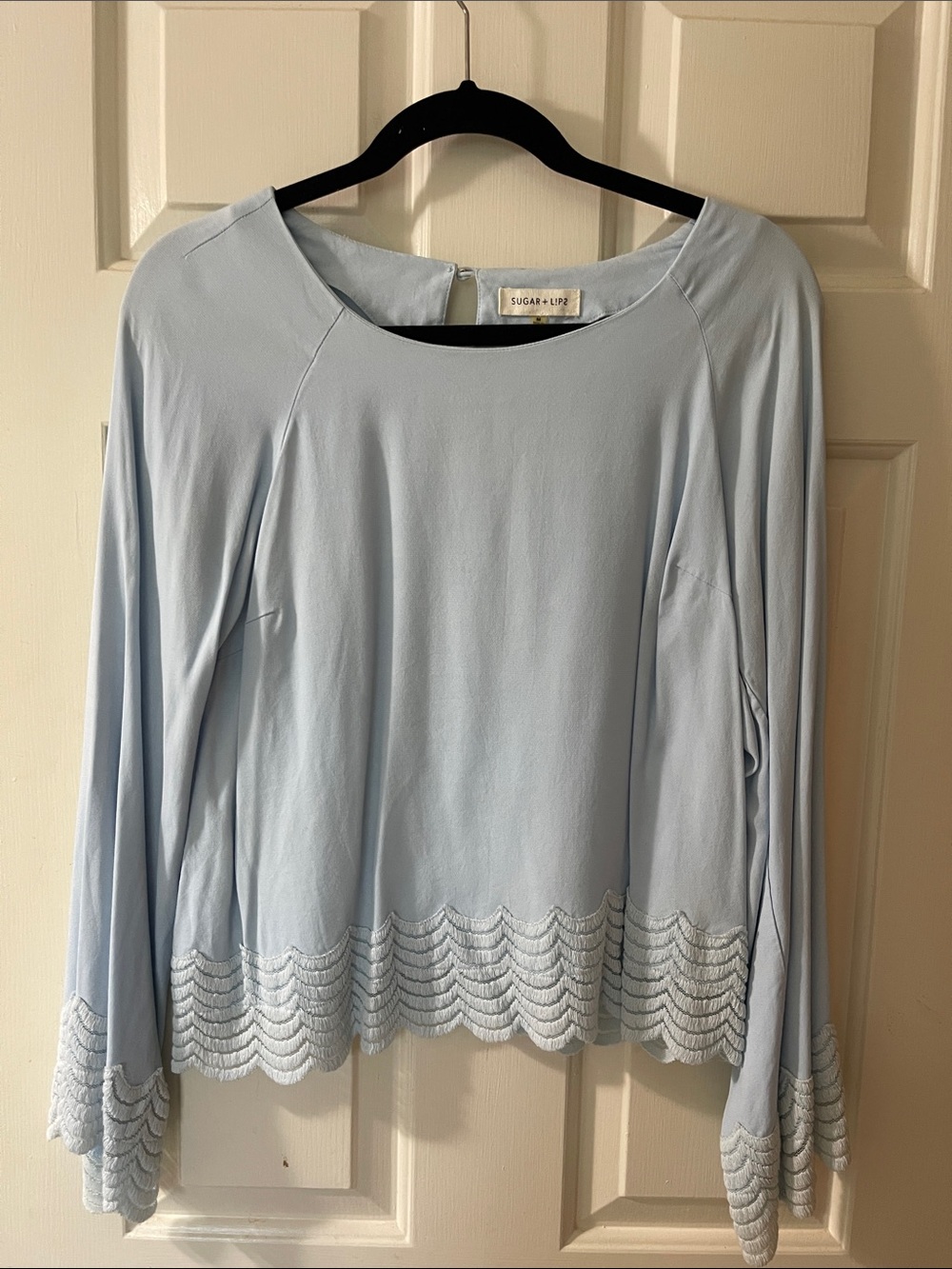 Sugarlips Pale Blue Long Sleeve Top with Scalloped Embroidered Hem